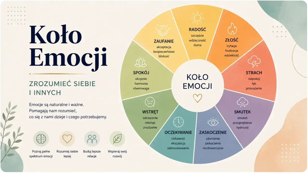 Koło Emocji pomaga w rozpoznawaniu emocji, od radości po smutek, ułatwiając zrozumienie siebie i innych.
