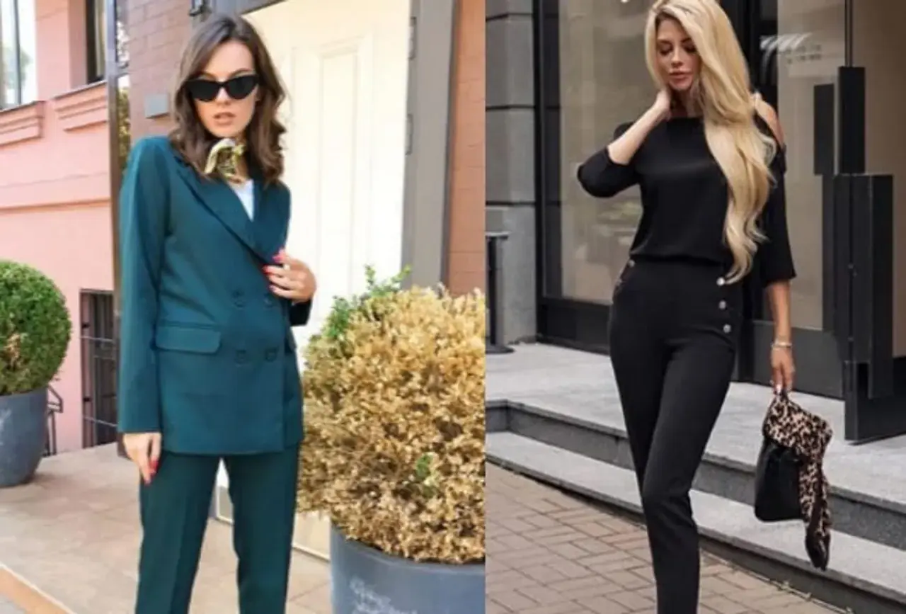 Elegancka sukienka do sądu w ciemnozielonym garniturze i czarny, dopasowany komplet.