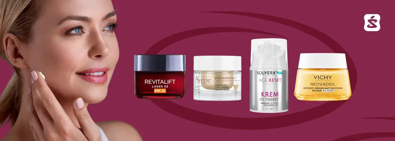 Kobieta z piękną cerą aplikuje krem. Obok cztery kosmetyki do pielęgnacji twarzy: Revitalift, Avène Dermabsolu, Solverx Age.Reset i Vichy Neovadiol.