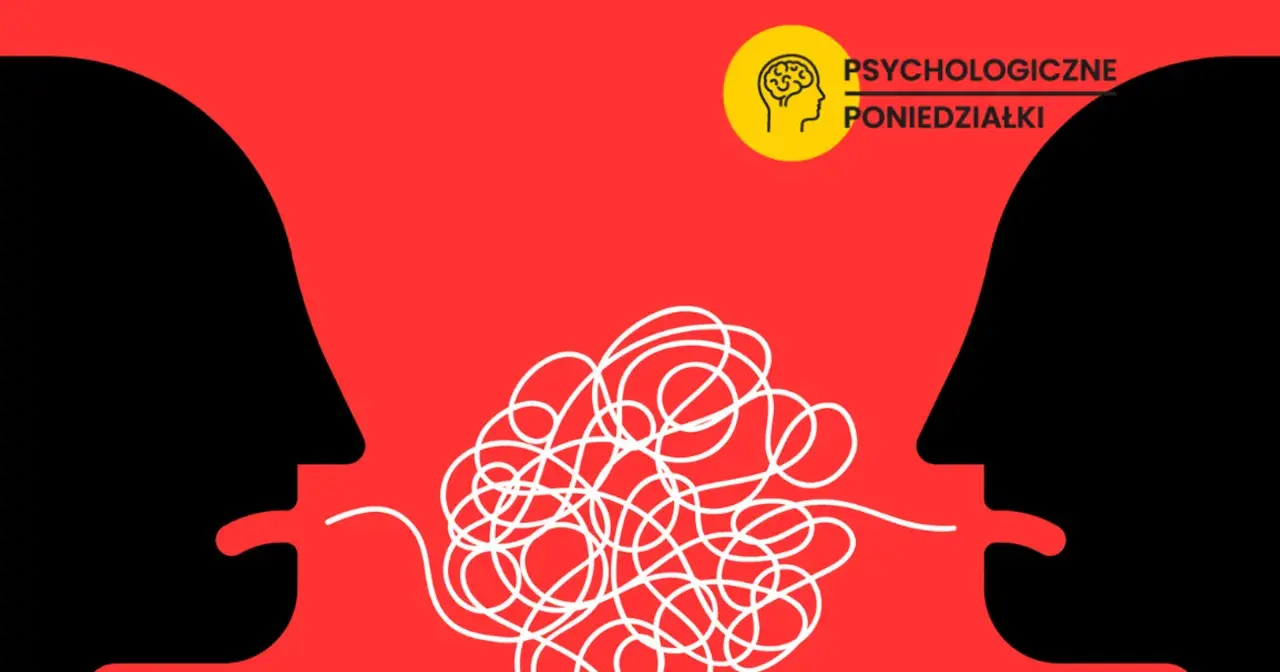 Dwie sylwetki twarzy, jedna czarna, druga czerwona, próbują się porozumieć. Między nimi plątanina białych linii symbolizuje trudności, jak rozmawiać z narcyzem.