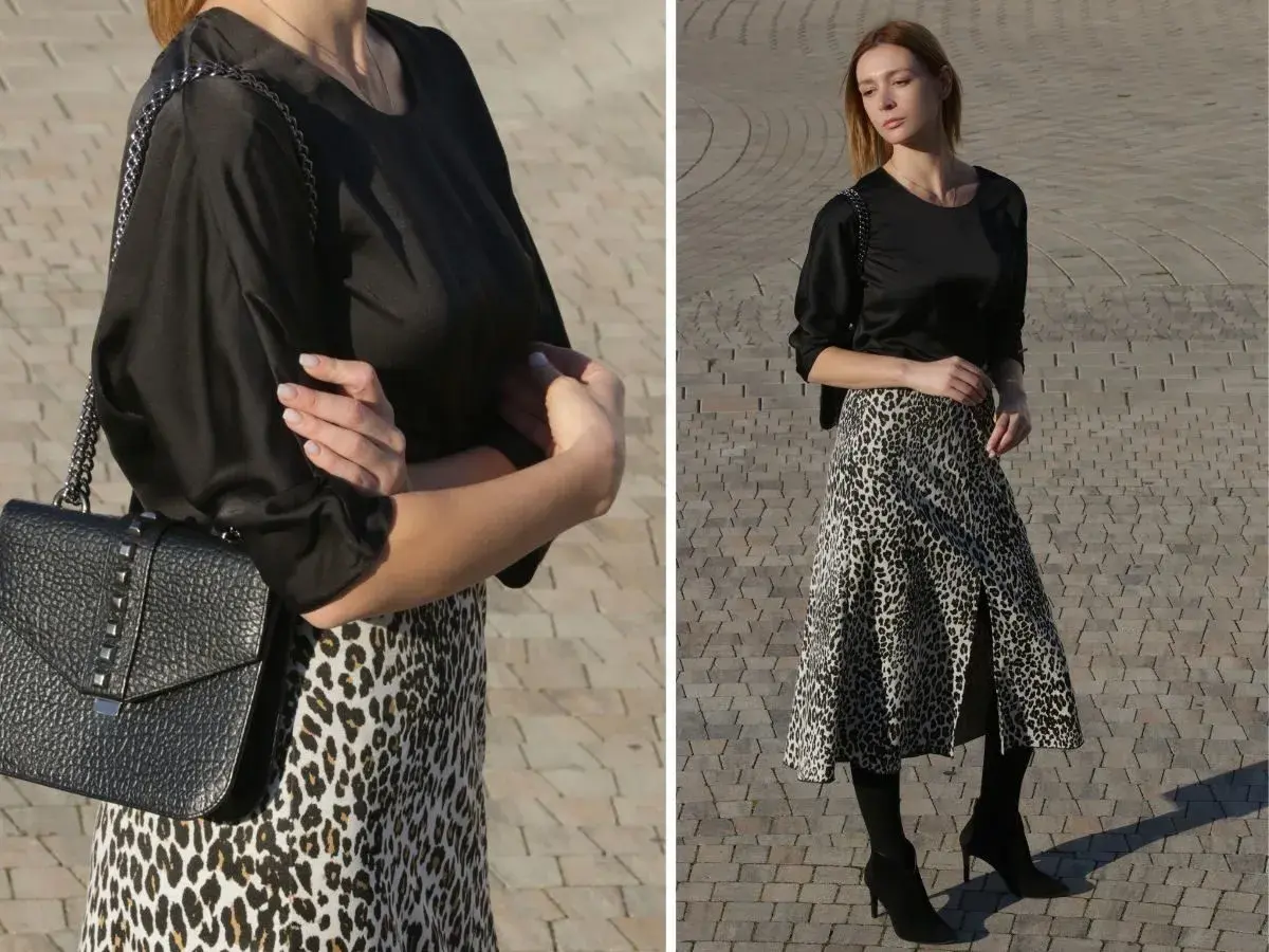 Elegancka czarna bluzka do spódnicy w panterkę, idealna na co dzień i wieczór. Stylizacja z czarną torebką na łańcuszku.