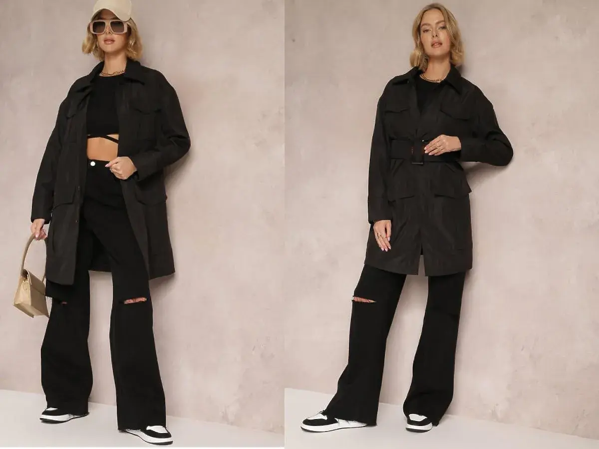 Dwie stylizacje z czarnym trencza. Luźne spodnie z rozdarciami i sneakersy dopełniają miejski look.