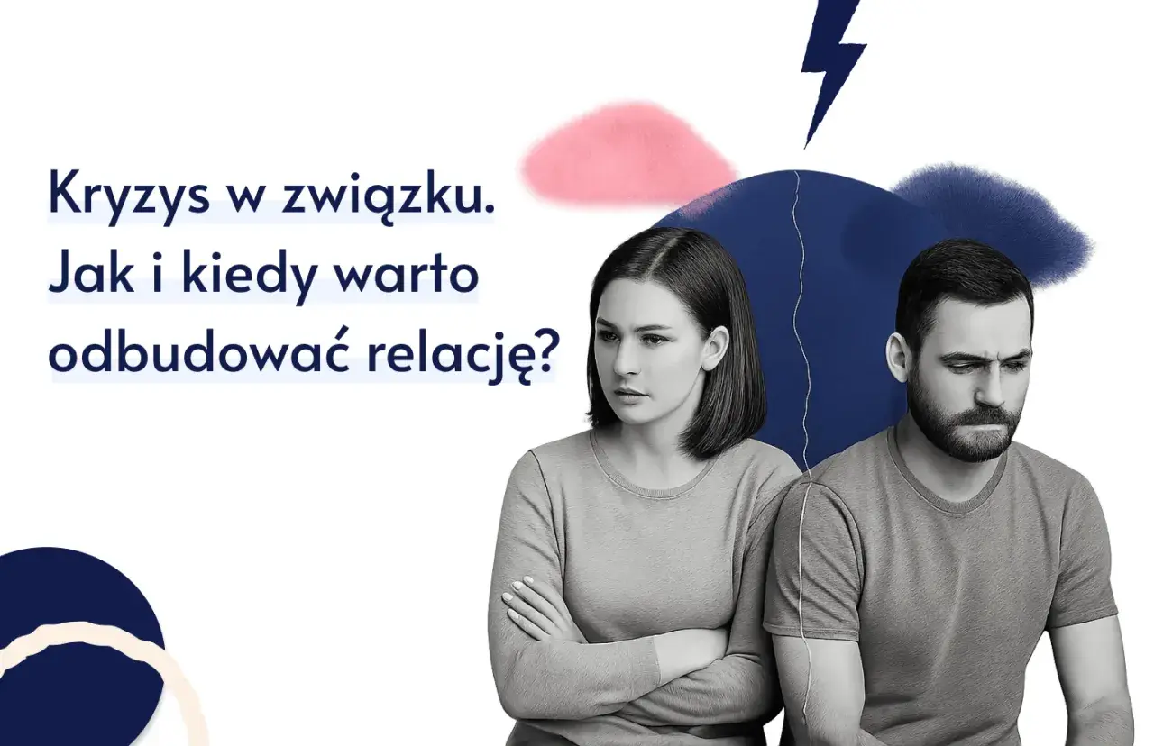 Para zamyślona, z rękami skrzyżowanymi, przeżywa kryzys w związku. Nad nimi symboliczny piorun i pęknięcie.