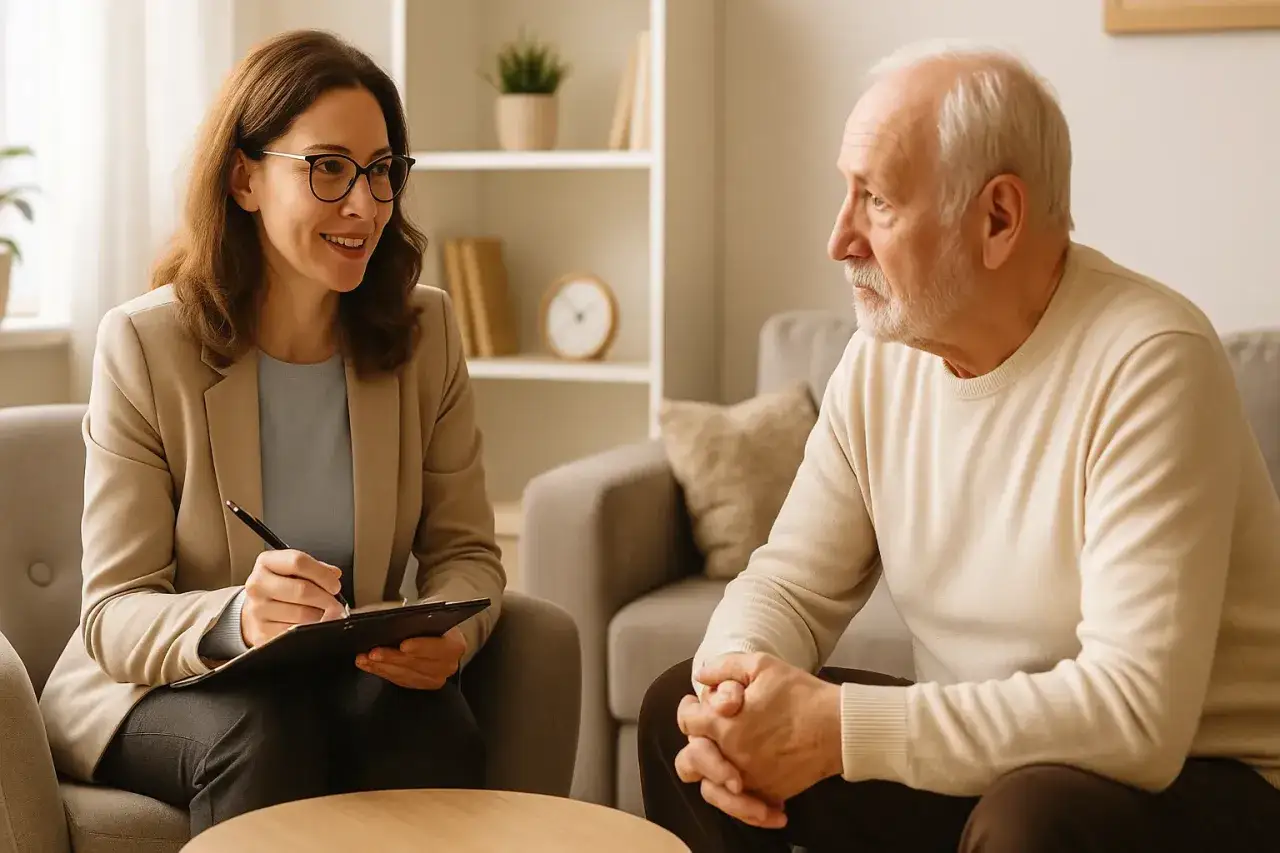 Psycholog a psychoterapeuta w gabinecie rozmawia z pacjentem. Kobieta notuje, mężczyzna słucha.