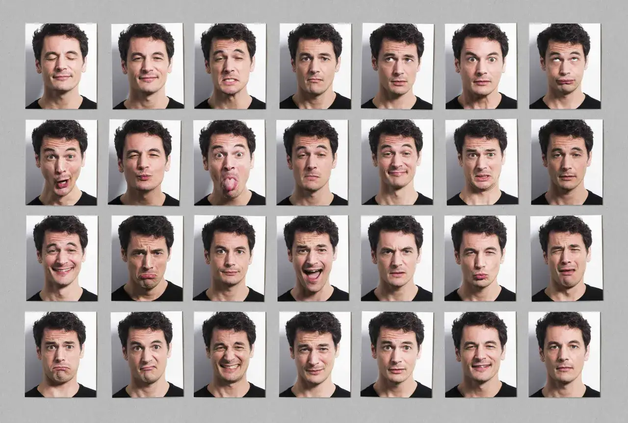 Siatka zdjęć mężczyzny prezentującego różne miny, od uśmiechu po zdziwienie. Doskonałe do analizy rozpoznawania emocji.