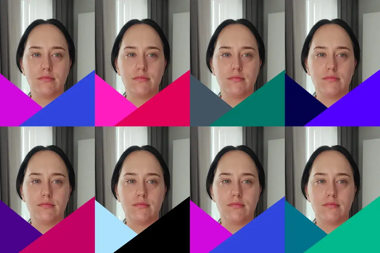 Portret kobiety z niebieskimi oczami otoczony geometrycznymi kształtami w odcieniach fioletu, różu, niebieskiego i zieleni. Te kolory dla zimy podkreślają jej urodę.