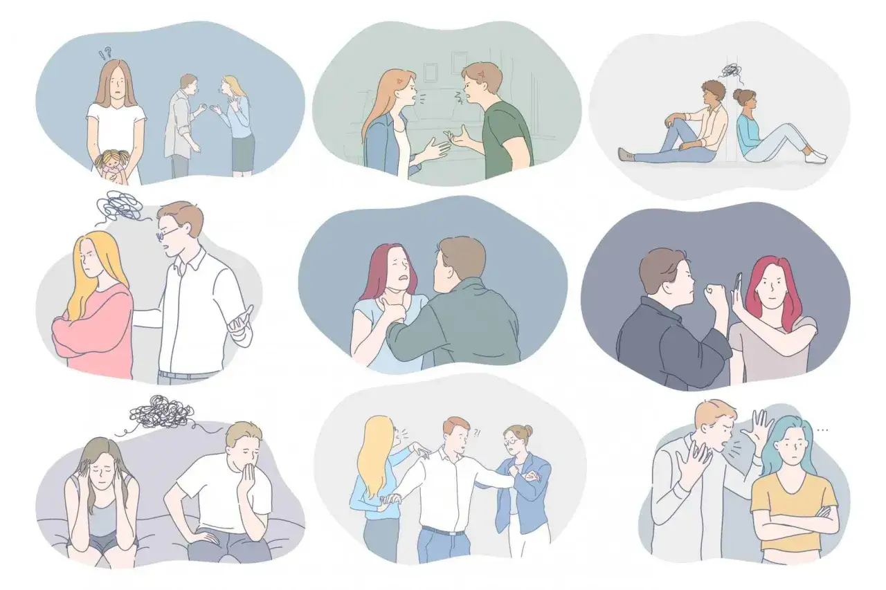 Ilustracje pokazują r&oacute;żne sceny kł&oacute;tni i napięć w związkach, od cichych spor&oacute;w po otwartą agresję. Kryzys w związku jest widoczny w emocjach i gestach postaci.