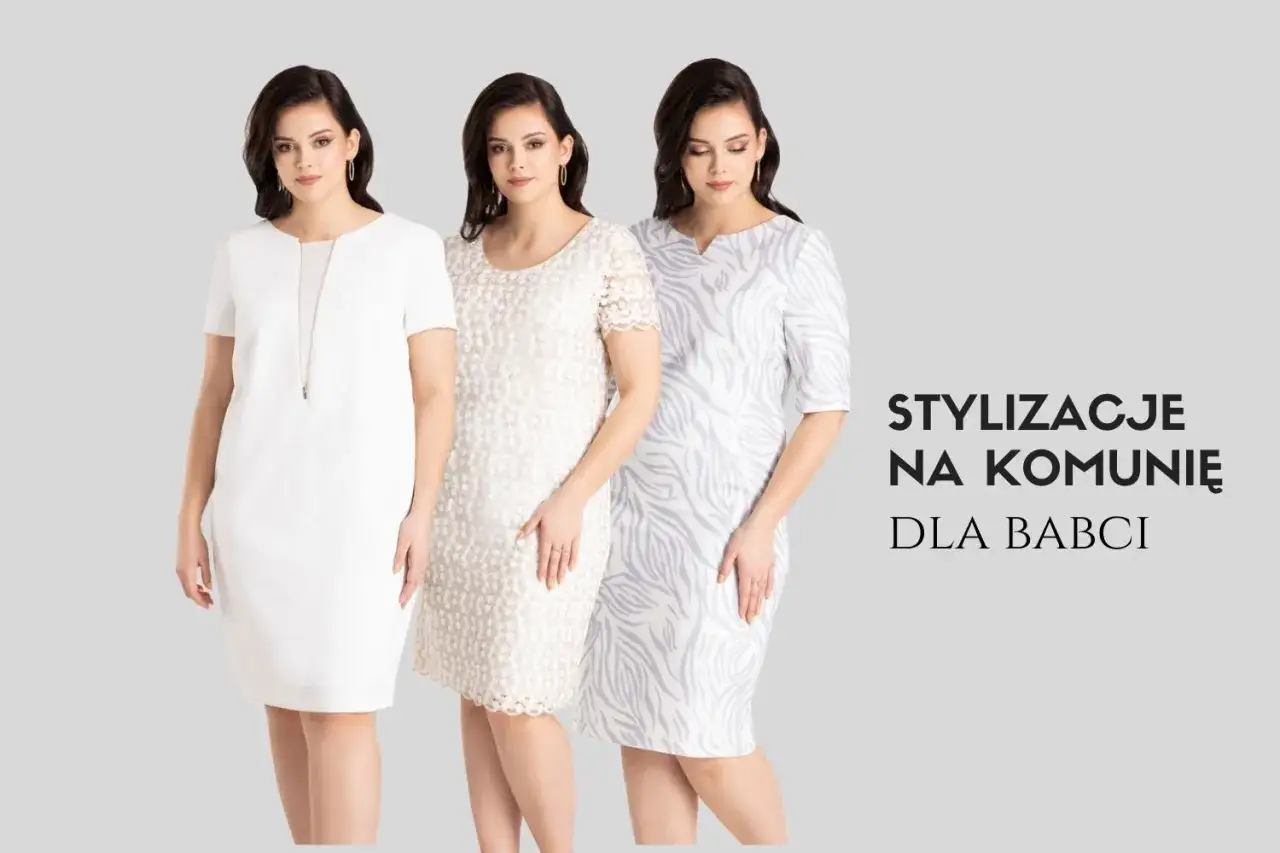 Eleganckie stylizacje na komunię dla babci: trzy kobiety w białych i kremowych sukienkach.