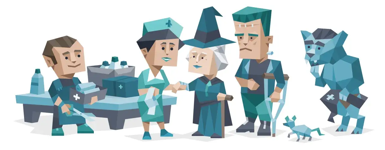 Opiekunka z ISFJ osobowością pomaga starszej pani, podczas gdy Frankenstein i wilkołak obserwują.