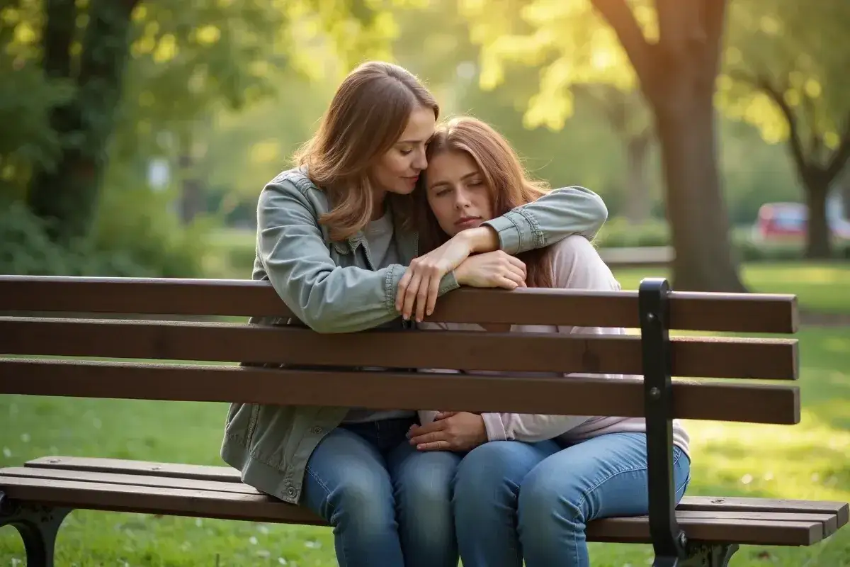 Kobieta obejmuje ramieniem smutną dziewczynę na ławce w parku. Pokazuje, jak kogoś pocieszyć i co napisać, gdy bliska osoba przeżywa trudne chwile.