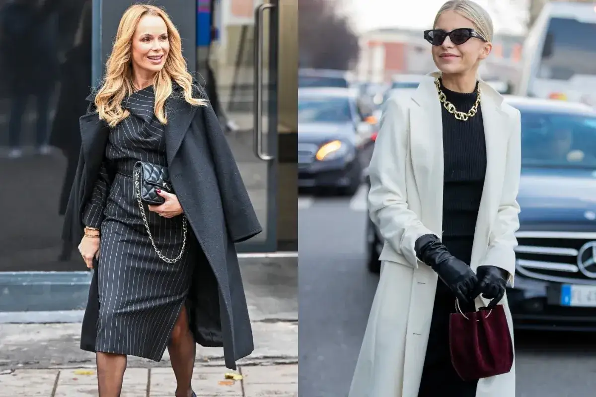 Eleganckie stylizacje na Wigilię firmową: czarny garnitur w prążki i biały płaszcz z czarnymi dodatkami.