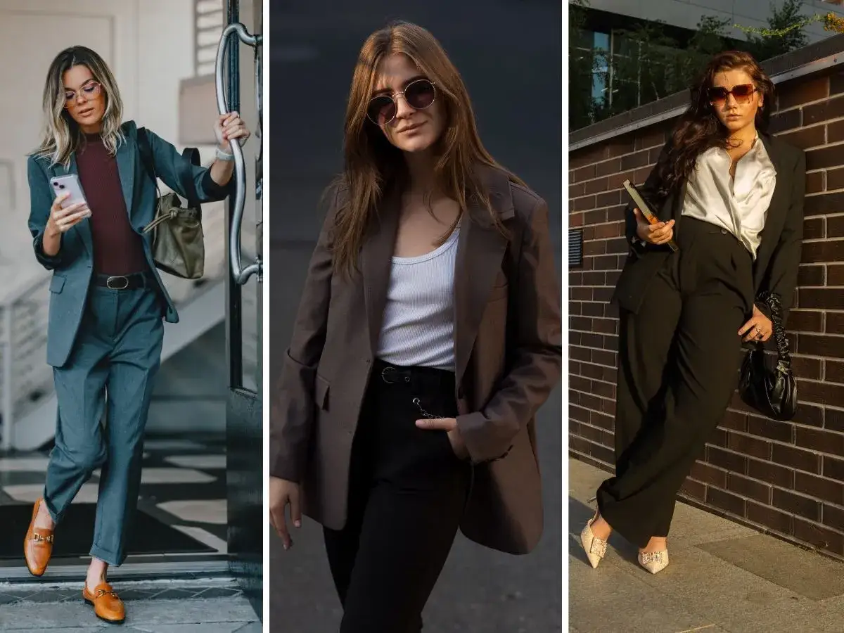 Trzy kobiety w eleganckich stylizacjach z marynarkami, które pomagają wyglądać poważniej.