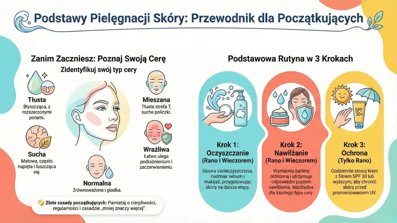 Podstawy pielęgnacji twarzy: rozpoznaj typ cery (tłusta, sucha, mieszana, wrażliwa) i wykonaj 3 kroki: oczyszczanie, nawilżanie, ochrona.