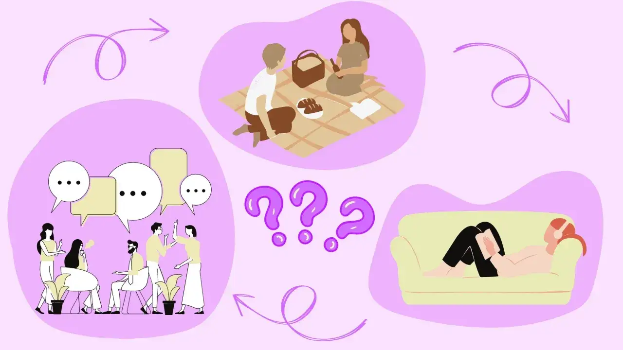 Ambiwertyk kto to? Ilustracja pokazuje ludzi na pikniku, w grupie dyskusyjnej i samotnie na kanapie.