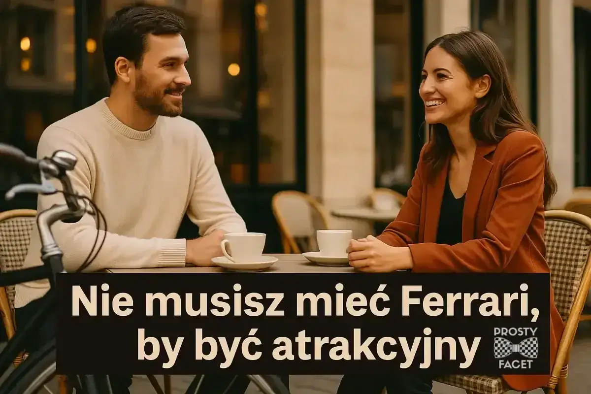 Uśmiechnięty, wrażliwy facet i kobieta piją kawę. Obok rower. Napis: 