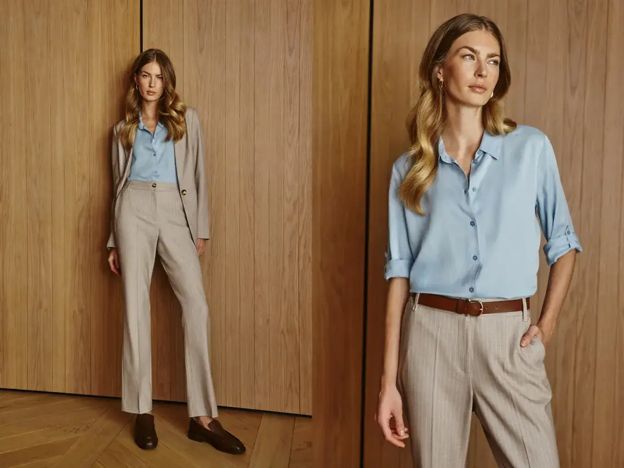 Elegancka kobieta w beżowym garniturze w prążki i błękitnej koszuli. Idealny kobiecy dress code do pracy.
