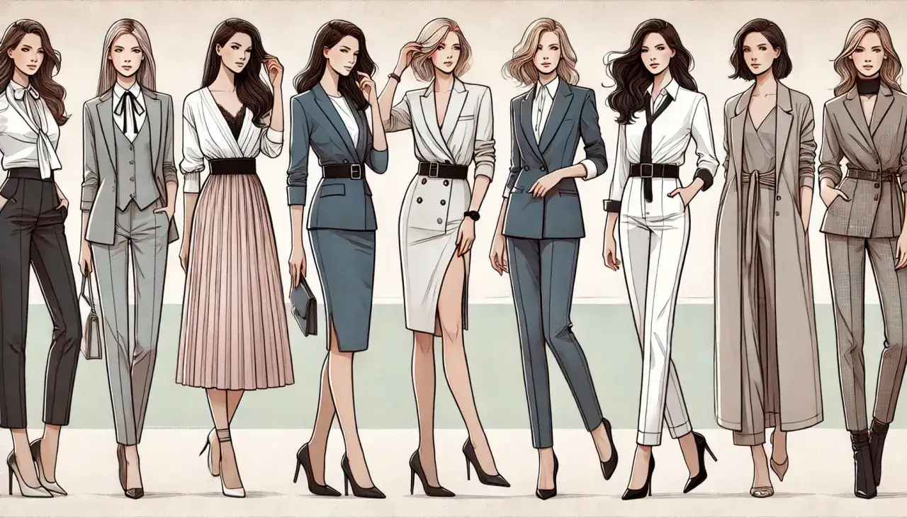 Eleganckie kobiety prezentują różne stroje biznesowe. To przykład, jak może wyglądać dress code co to.