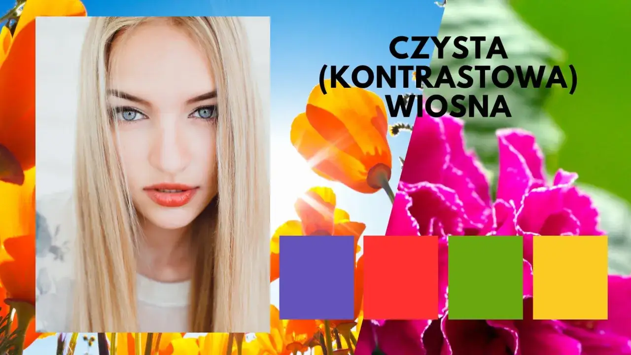 Kobieta o jasnych włosach i niebieskich oczach na tle kwitnących kwiatów. Tekst 