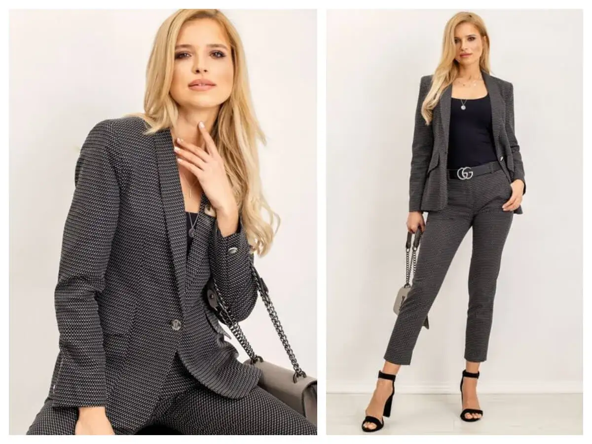 Elegancka kobieta w dopasowanym garniturze prezentuje r&oacute;żne rodzaje dress code.