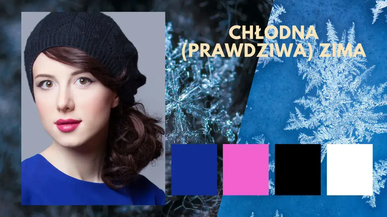 Chłodna zima kolory: kobieta w czarnej beretce i niebieskiej sukience, płatki śniegu, paleta barw: niebieski, różowy, czarny, biały.