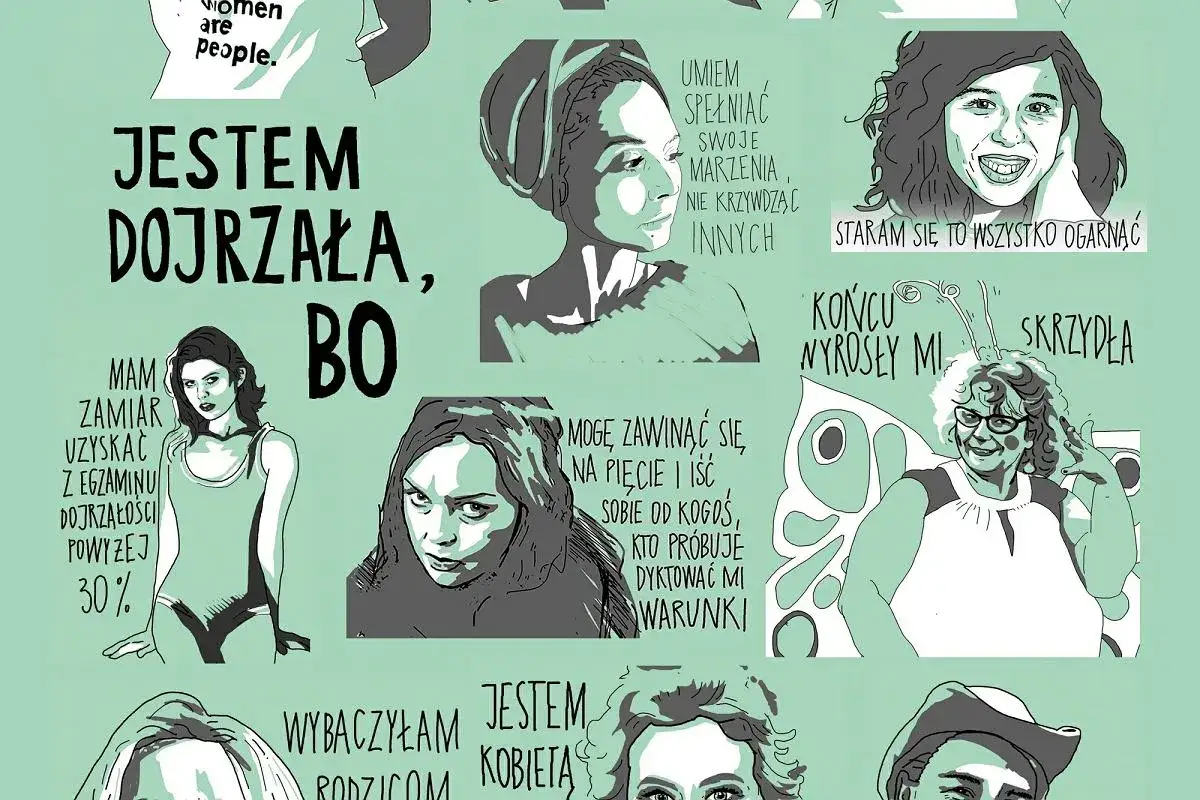 Ilustracja przedstawia różne rodzaje osobowości kobiet, od pewnych siebie po marzycielki, z hasłami podkreślającymi ich siłę i niezależność.