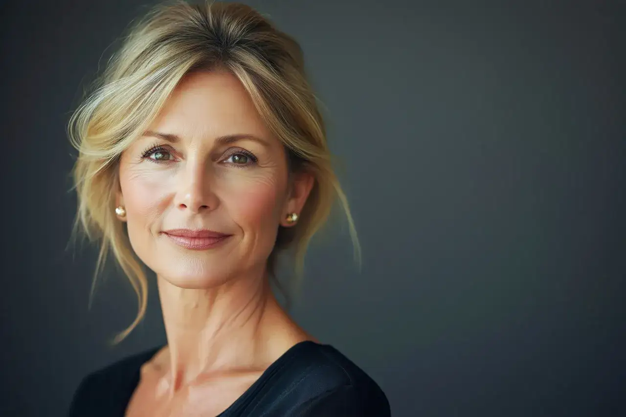 Portret kobiety z blond włosami i delikatnym uśmiechem. Widać zmarszczki wokół oczu, które mogą być przykładem kompleksów, ale jej spojrzenie jest pewne siebie.