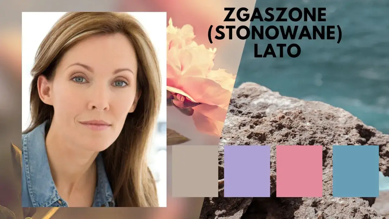 Kobieta z zgaszone lato włosy, obok kwiat i kamienie. Paleta barw.