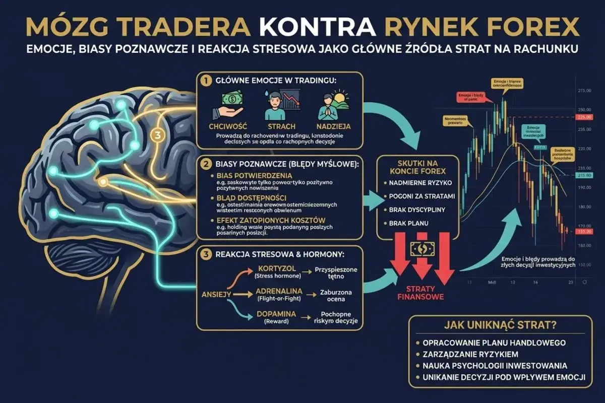 Mózg tradera kontra rynek Forex: emocje, błędy poznawcze i reakcja stresowa jako źródła strat. Schemat pokazuje, jak te czynniki wpływają na podejmowanie decyzji i prowadzą do strat finansowych.